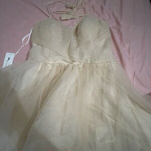 Cream A-line Long Sleeve Halter Prom Dress